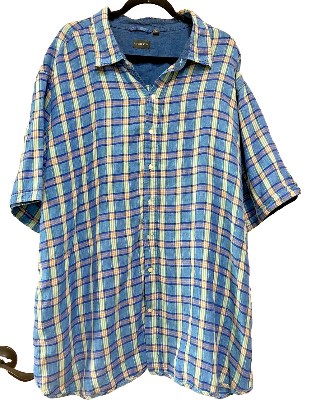 Rochester Shirt Mens Blue Plaid 100% Linen Button Up short sleeves Size-3X